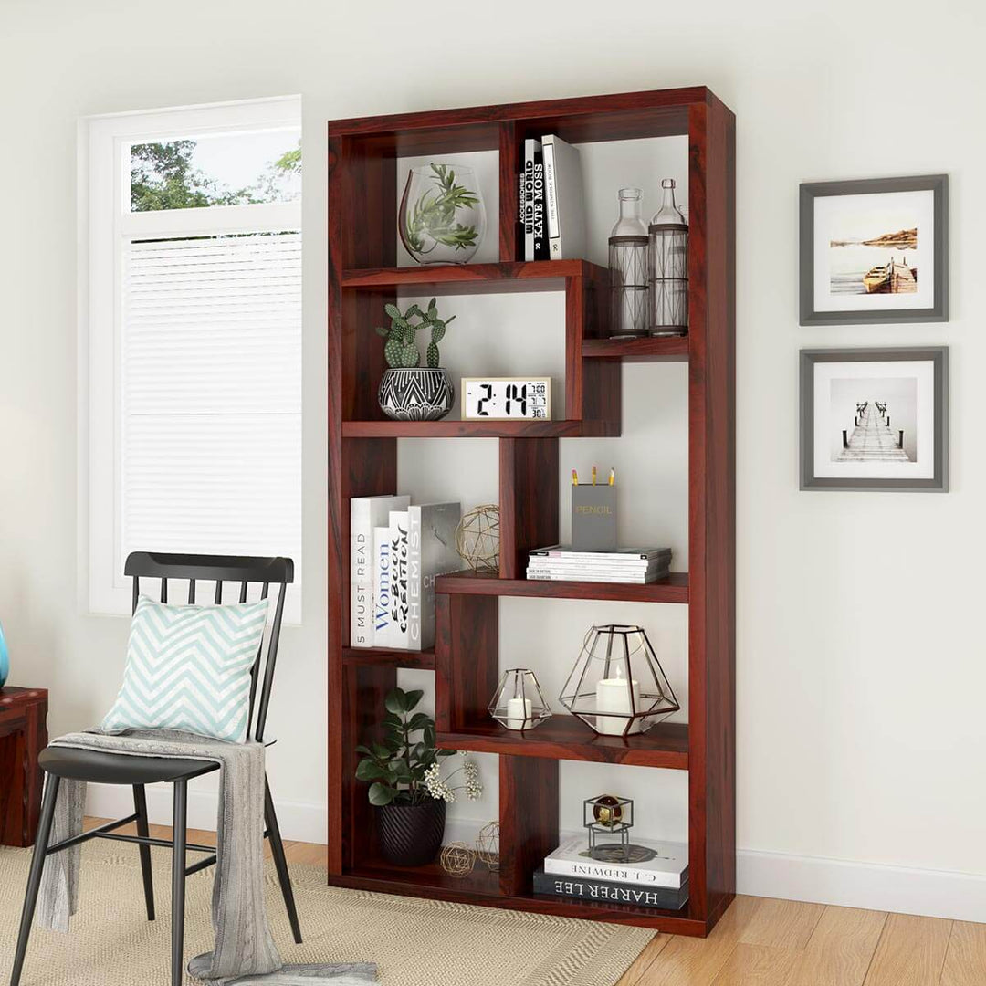 Nismaaya Adli Contemporary Open Shelf Solid Wood Geometric Bookcase