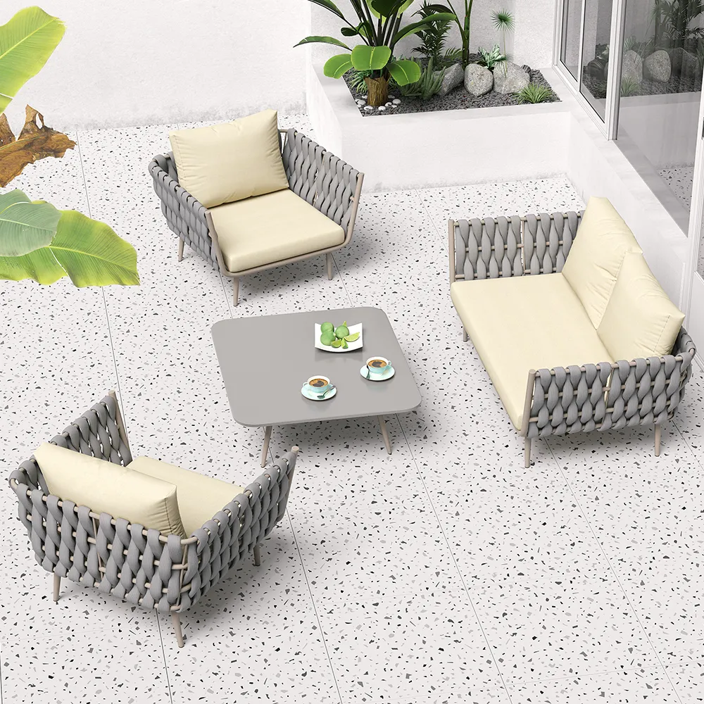 Bifrox Outdoor Garden Balcony Sofa Set 2 Seater, 2 Single seater and 1 Center Table  Set, Braid & Rope (Beige + Grey)