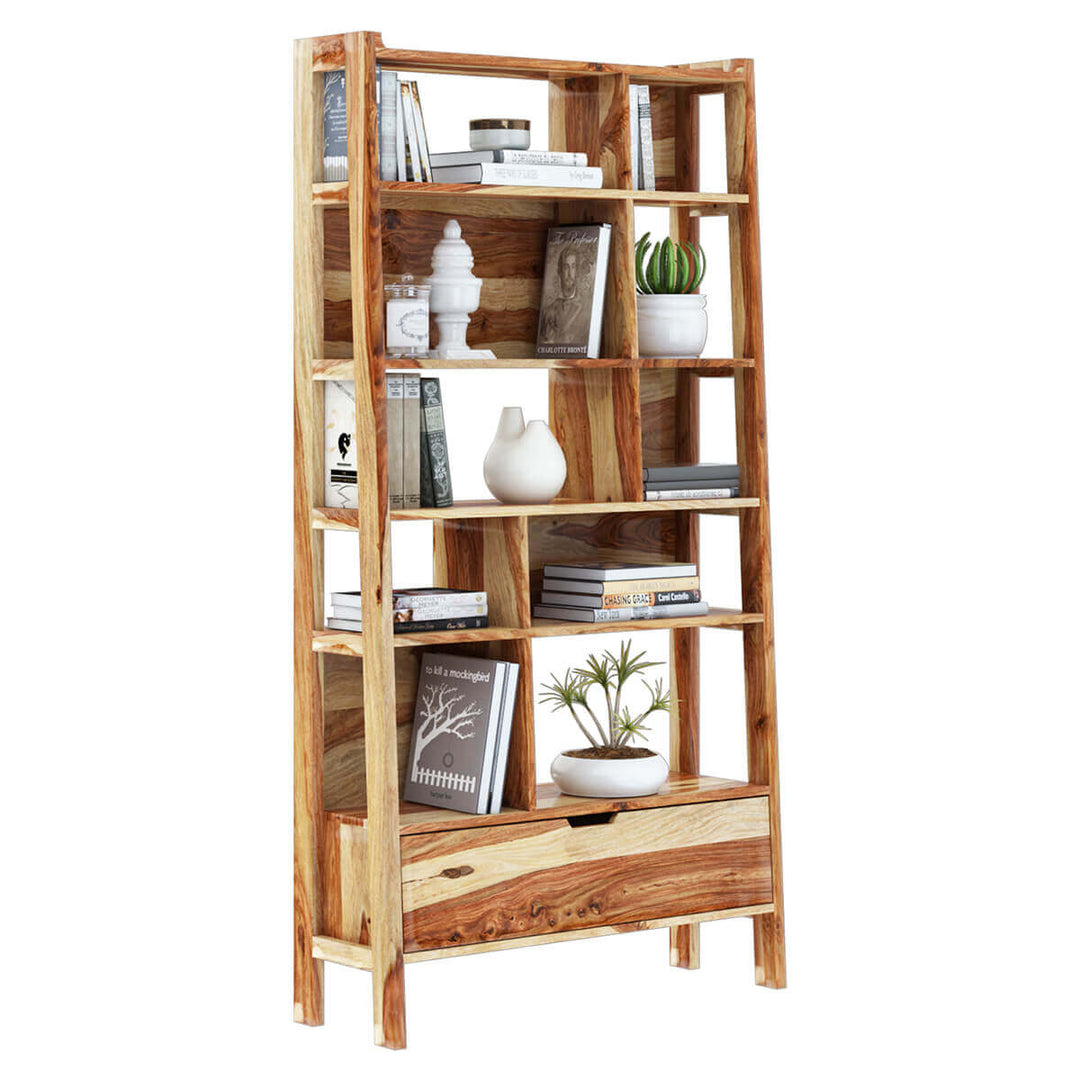 Nismaaya Admassu Solid Wood Open Shelf Leaning Ladder Bookcase with Drawer