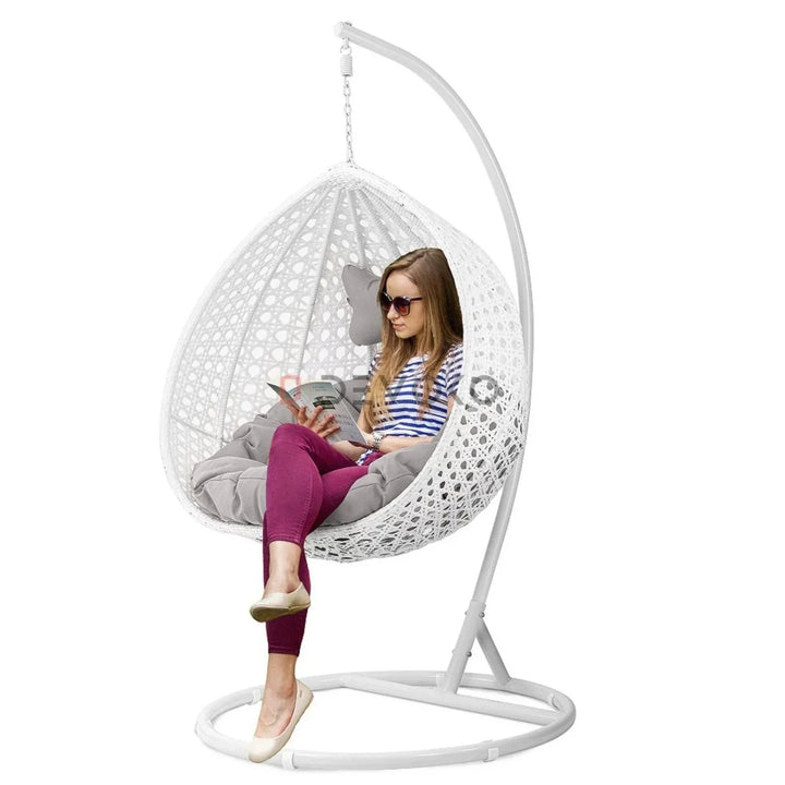 Single Seater Rattan & Wicker Swing (White & Grey)
