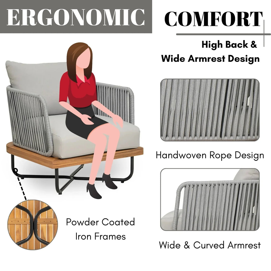 Uma Outdoor 4-Piece Rope Woven Conversation Sofa Set with Wooden Top Table