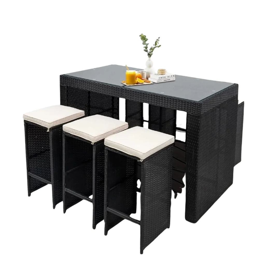 Ayana 7-Piece Outdoor Rattan Wicker Bar Set with Glass Top Table