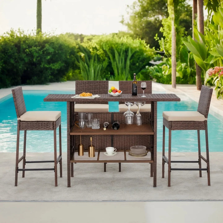 Sayaka 5-Piece Outdoor Rattan Wicker Bar Set with Wicker Top Table