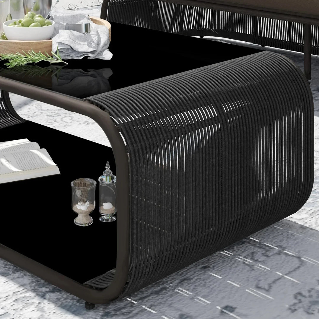 Zainab Outdoor Braided Rope Sofa Set With 2-Tier Glass Top Table