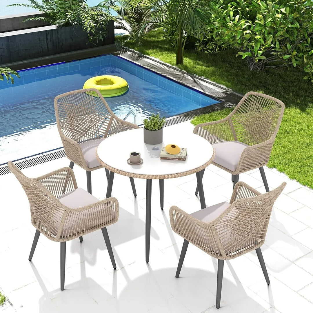 Valentina 5-Piece Outdoor Patio Dining Set with Rope Chairs & Glass Top Table