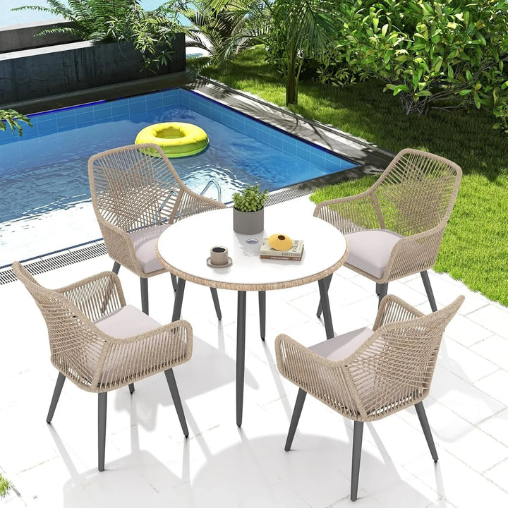 Valentina 5-Piece Outdoor Patio Dining Set with Rope Chairs & Glass Top Table