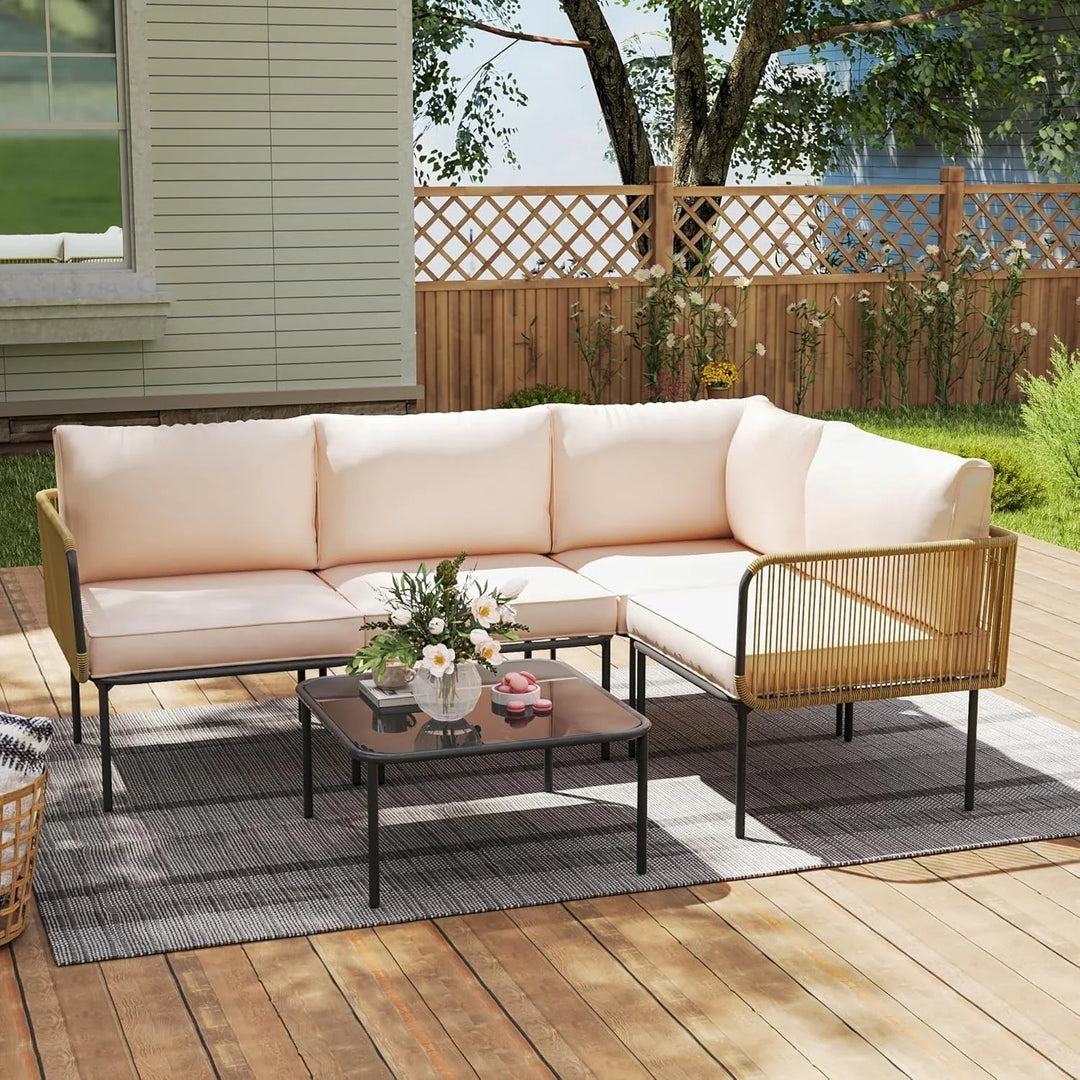 Eliana L-Shaped Rope Woven Outdoor Sofa Set (Beige & Cream)