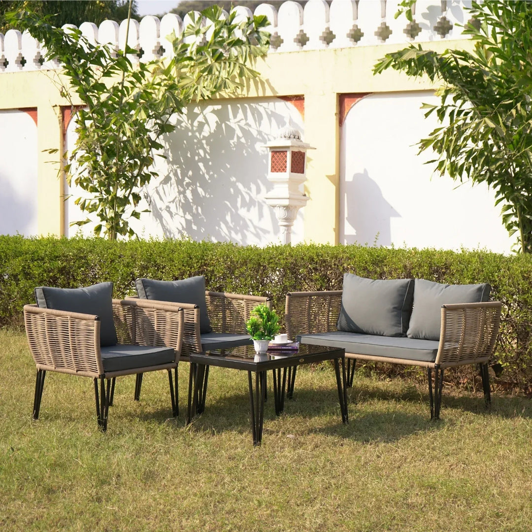 Monroe Outdoor Rope 4-Piece Patio Sofa Set with Glass Top Table (Beige & Dark Grey)