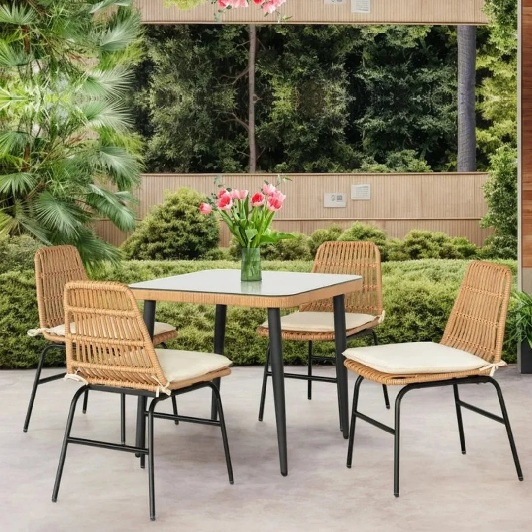 Macarena 5-Piece Outdoor Patio Dining Set With Rattan Chairs & Glass-Top Table
