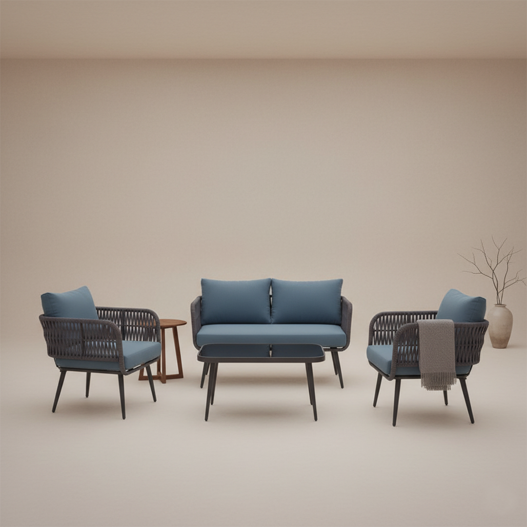 Polari Outdoor Garden Balcony Sofa Set 2 Seater , 2 Single Seater 1 Center Table Set (Grey) Braided and Rope