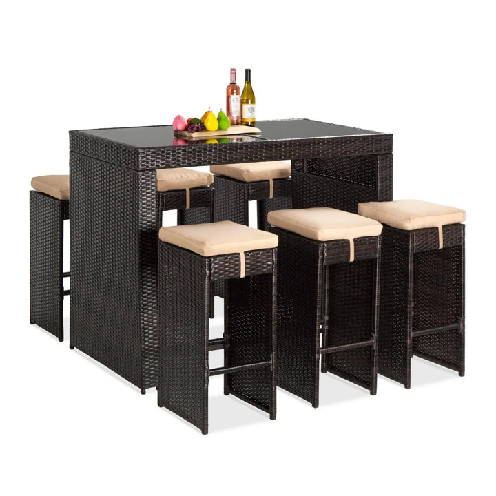 Asha 7-Piece Outdoor Rattan Wicker Bar Set with Glass Top Table