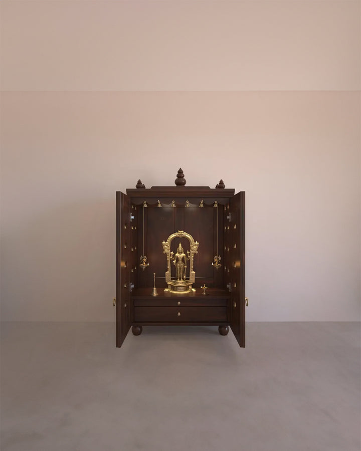 Natalia Medium Traditional Wooden Pooja Mandir with Doors, Bells & Lamps | Handcrafted Home Temple