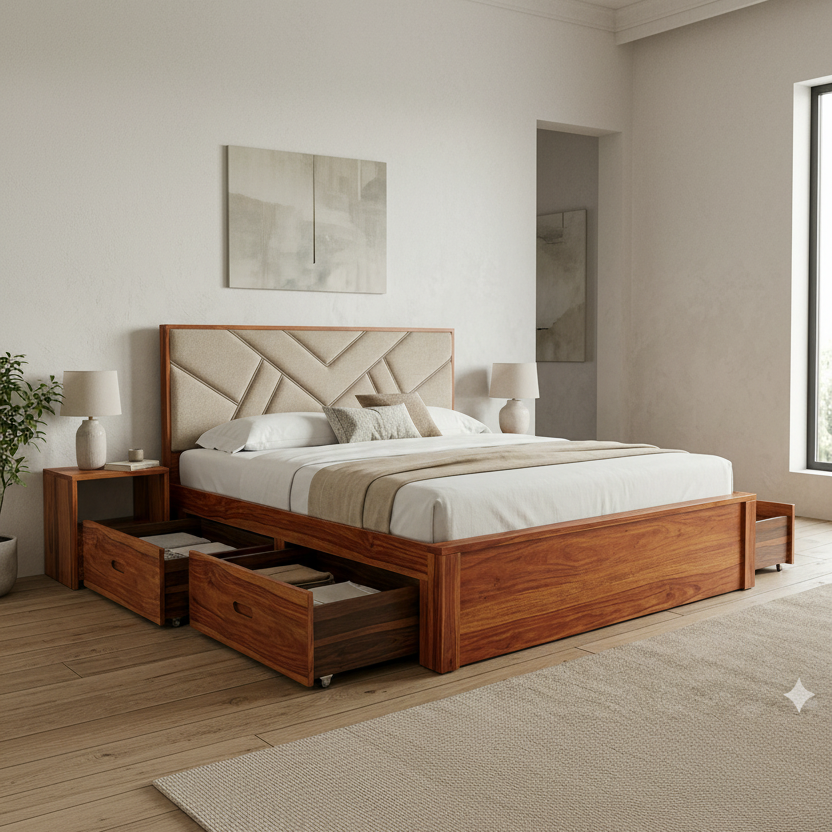 Aaliyah Premium Sheesham Wood Bed with Fabric Headboard