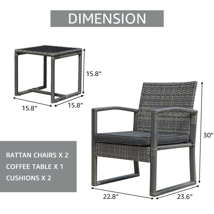 Babun Outdoor Patio Seating Set 2 Chairs and 1 Table Set (Grey)
