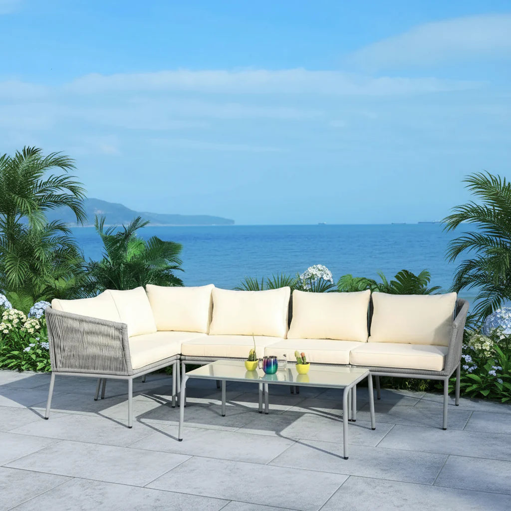 Adele Outdoor Grey Rope L-Shape All Weather Sectional Sofa Set