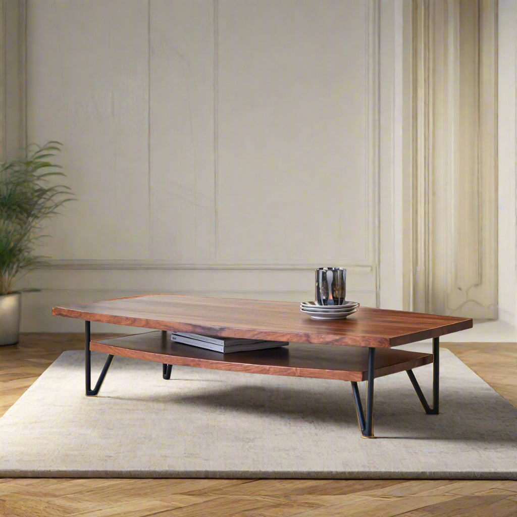 Aditya Low Height Coffee Table – Sheesham Wood, Iron Stand (Low Height, W110 D60 H25 cm)
