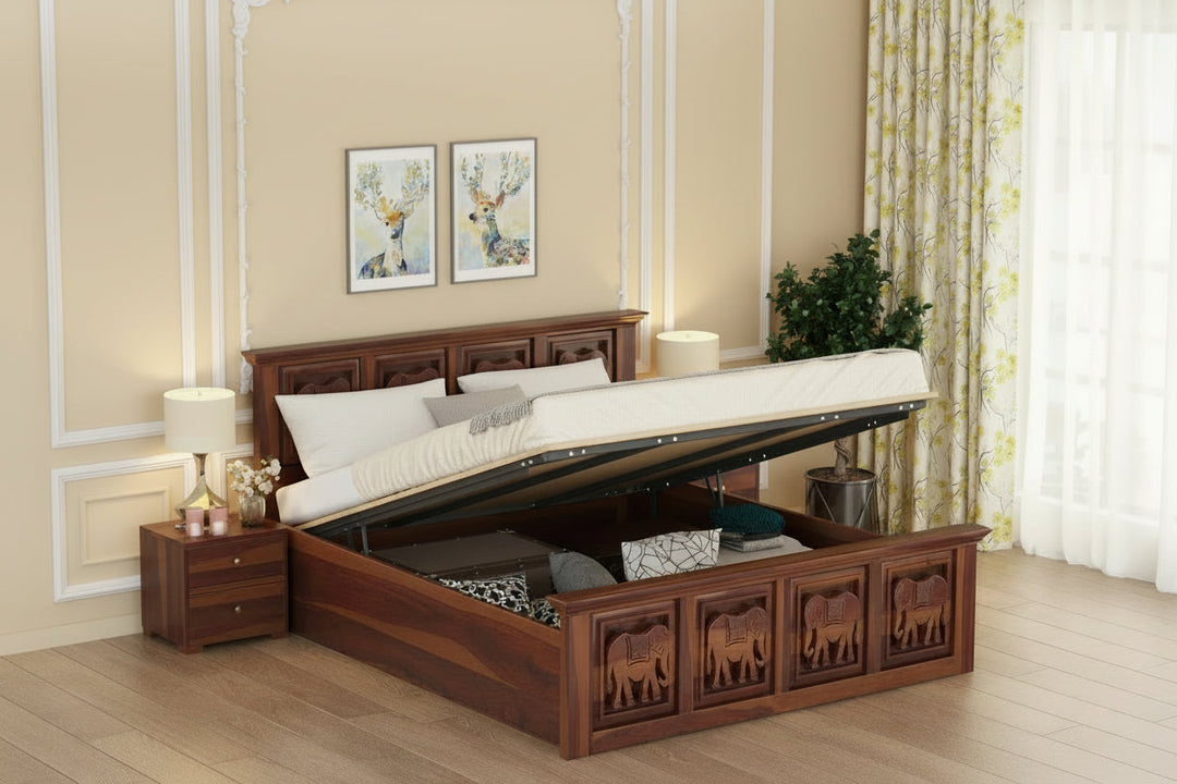 Adri Sheesham Wood Bed Hydraulic Storage - King Size