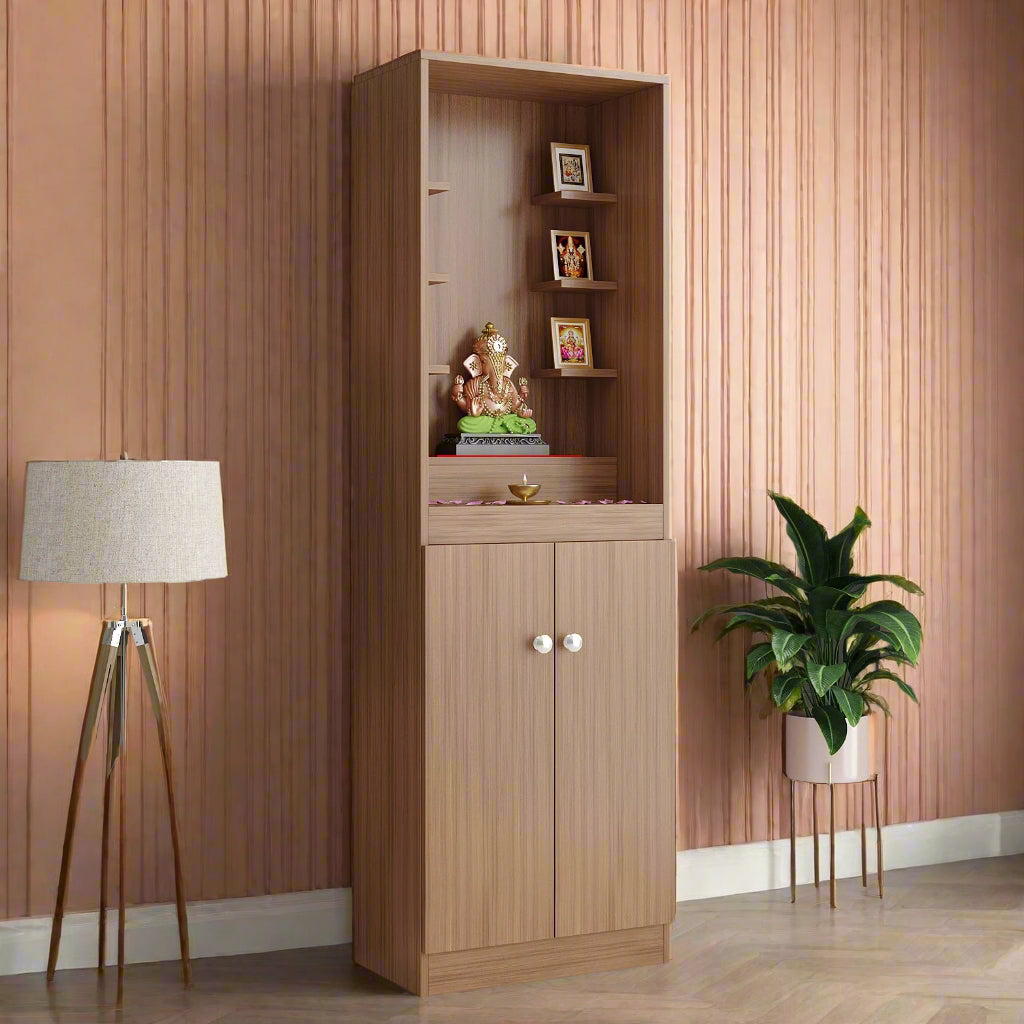 Tanya Pooja Mandir for Home, Modern Temple for Home & Office, Prayer Cabinet Puja Stand Shelf in Exotic Teak Finish
