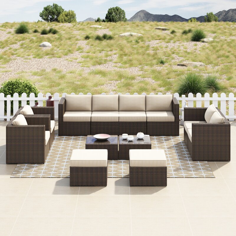Olivier Outdoor Sofa Set 4 Seater ,2 Seater, 2 Single Seater and 2 Center Table with 2 Ottoman Set (Brown +Cream)