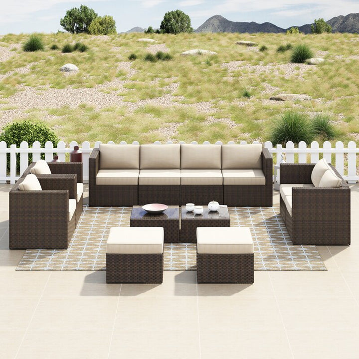 Olivier Outdoor Sofa Set 4 Seater ,2 Seater, 2 Single Seater and 2 Center Table with 2 Ottoman Set (Brown +Cream)
