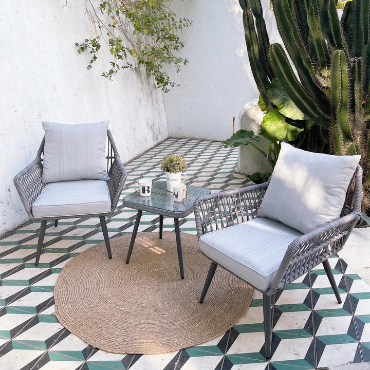 Jkenas Outdoor Patio Seating Set 2 Chairs and 1 Table Set (Grey) Braided & Rope