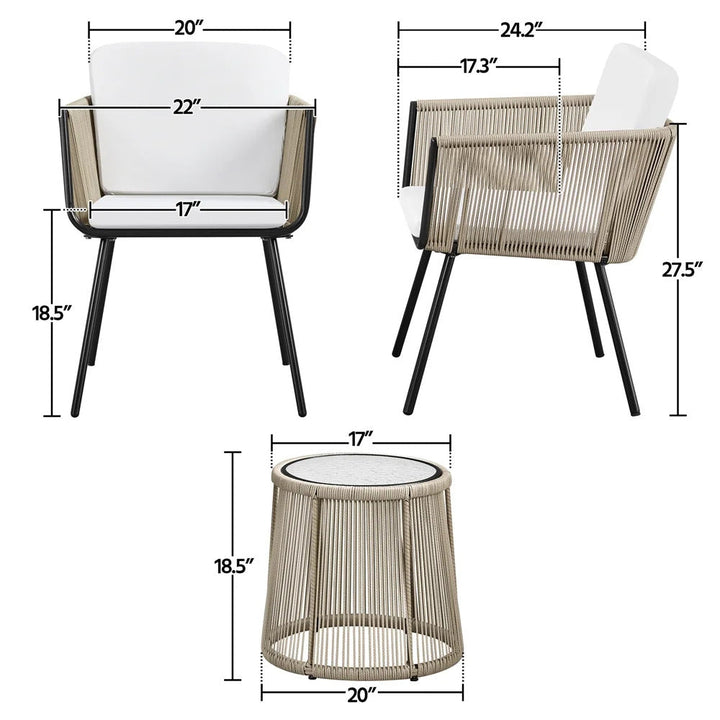 Rapid Outdoor Patio Seating Set 2 Chairs and 1 Table Set (Cream) Braided & Rope