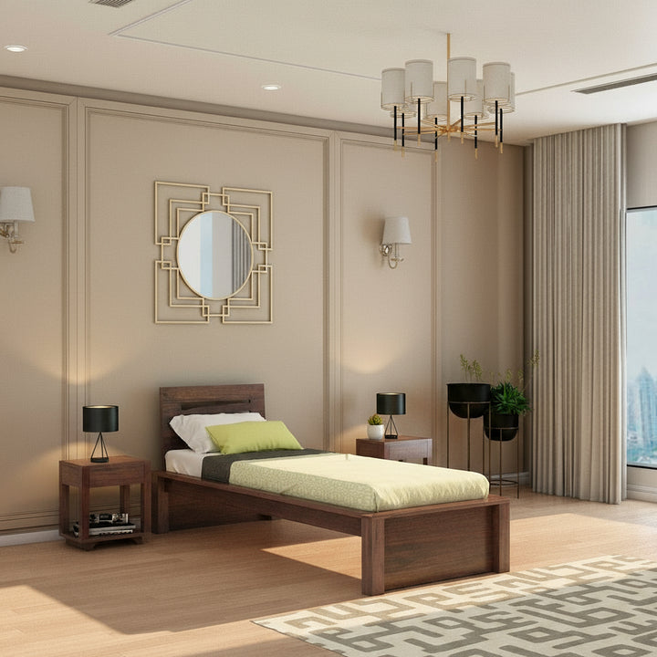 Aranza Solid Sheesham Wood Single Bed Without Storage (Walnut Finish)