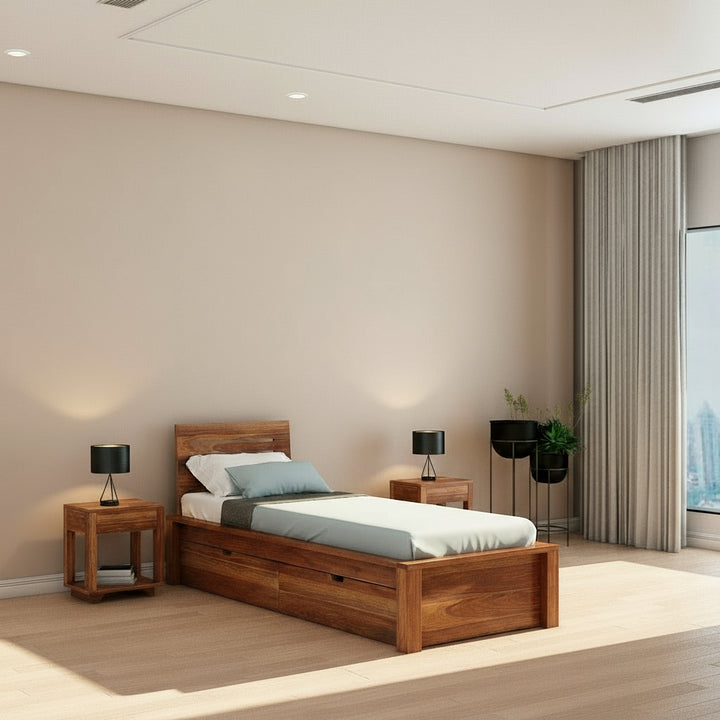 Ariana Solid Sheesham Wood Single Bed With Two Drawers (Natural Finish)