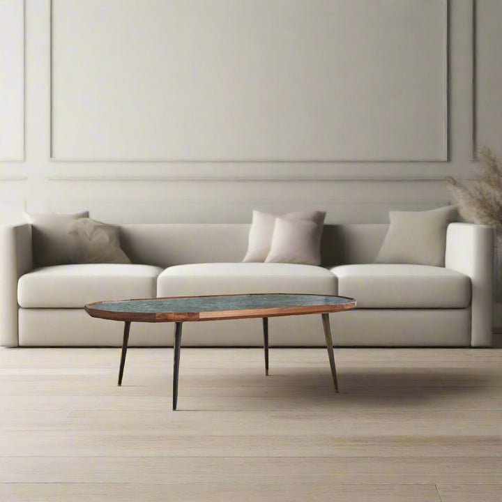 Arjun Oval Coffee Table – Sheesham Wood Frame, Green Marble Top, Iron Legs (Marble Top-Oval, W120 D60 H35 cm)