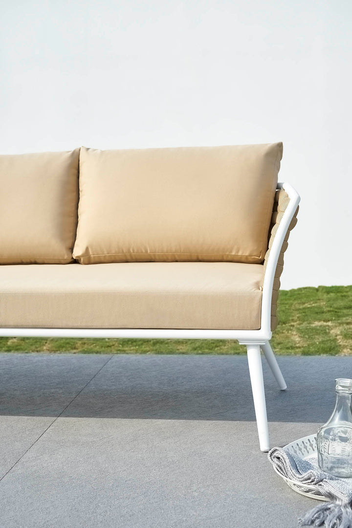 Crasio Outdoor Garden Balcony Sofa Set 3 Seater, 2 Single seater and 1 Center Table Set, Braid & Rope (White + Tan)