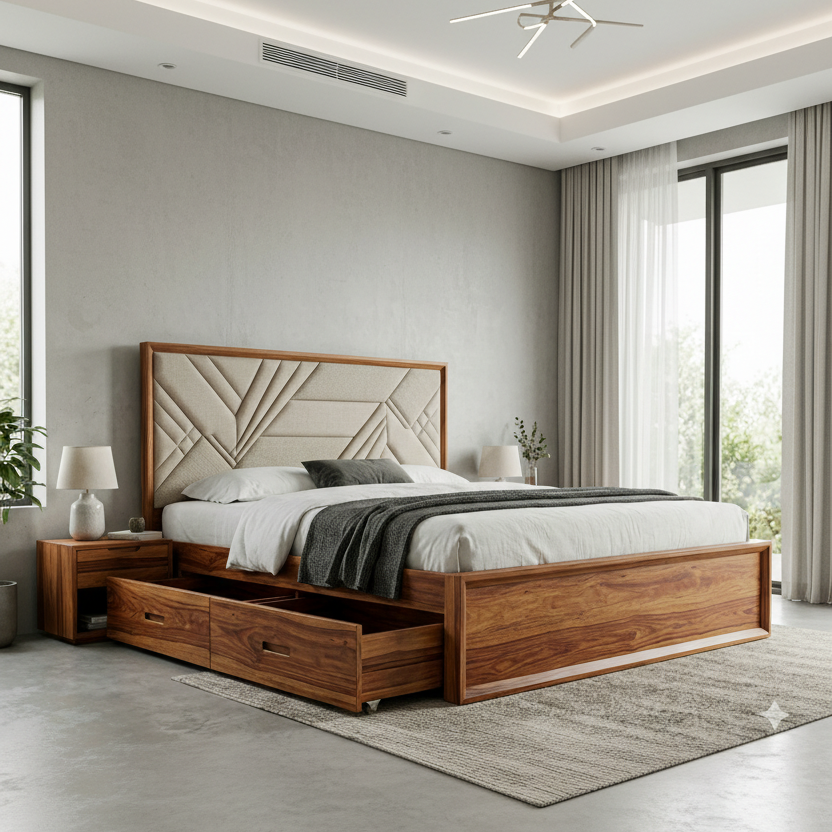 Aurora Premium Sheesham Wood Bed with Fabric Headboard
