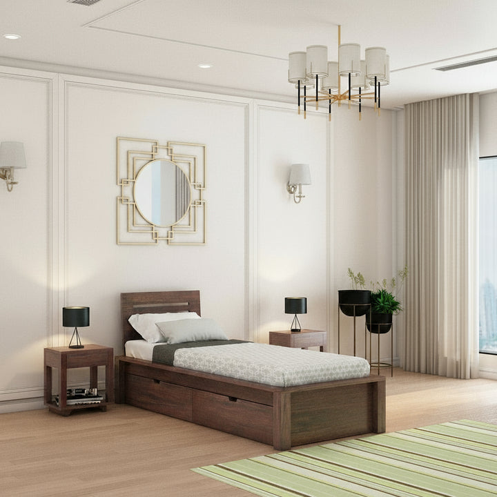 Aurora Solid Sheesham Wood Single Bed With Two Drawers (Walnut Finish)
