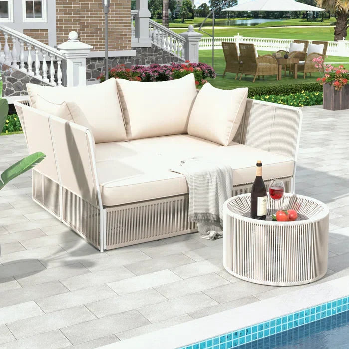 Benito Outdoor Poolside Sunbed With Cushion Daybed And Side Table (Braided & Rope)