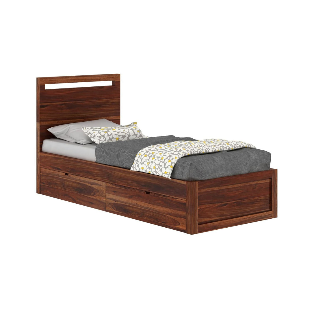 Brenda Solid Sheesham Wood Single Bed With Two Drawers (Natural Finish)