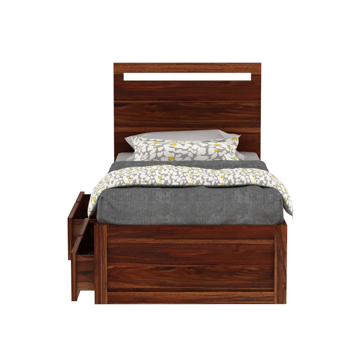 Brenda Solid Sheesham Wood Single Bed With Two Drawers (Natural Finish)