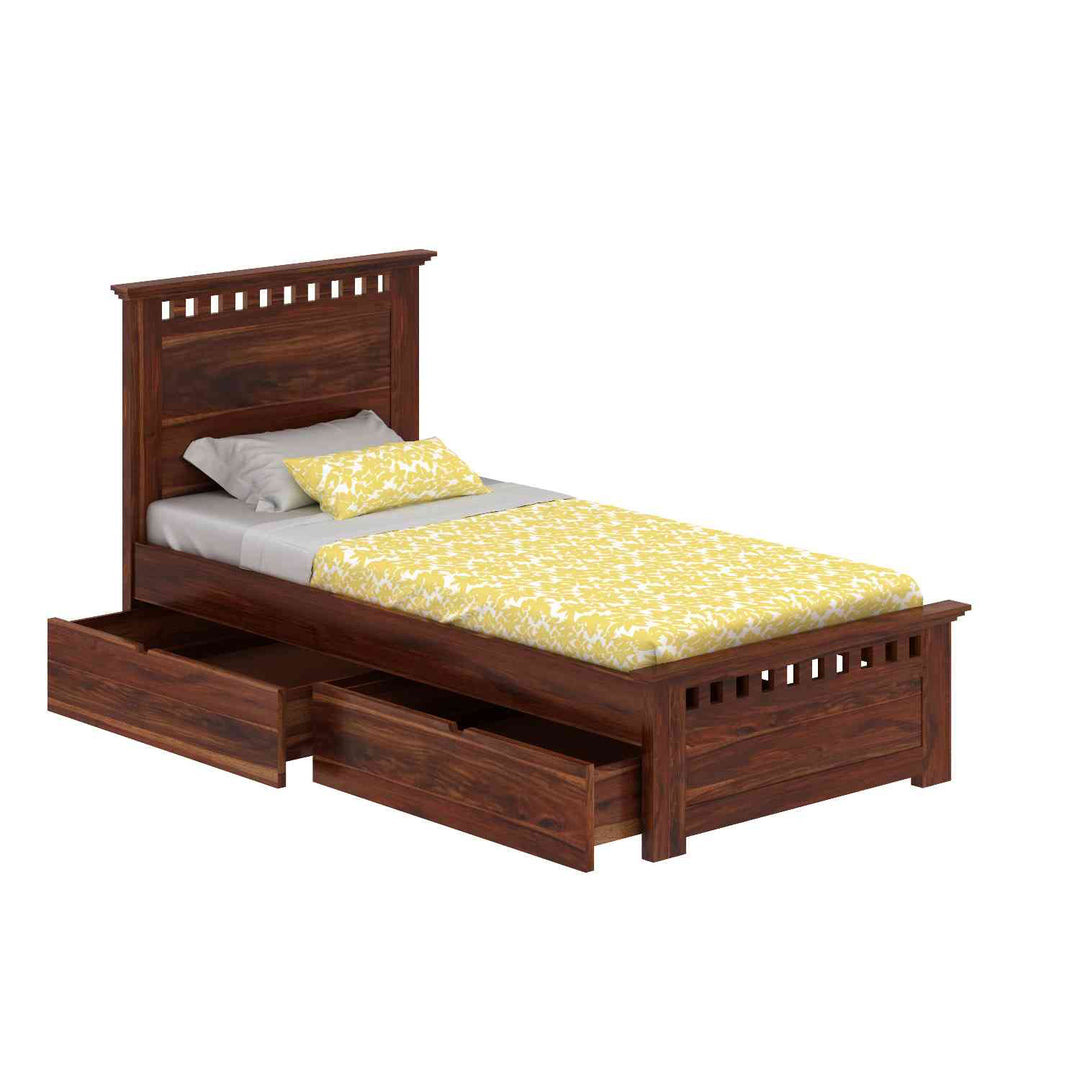 Encarna Solid Sheesham Wood Single Bed With Two Drawers (Natural Finish)