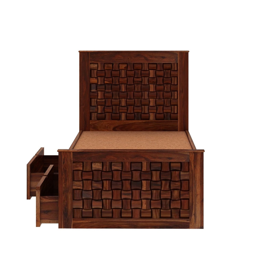 Coral Solid Sheesham Wood Single Bed With Two Drawers (Natural Finish)