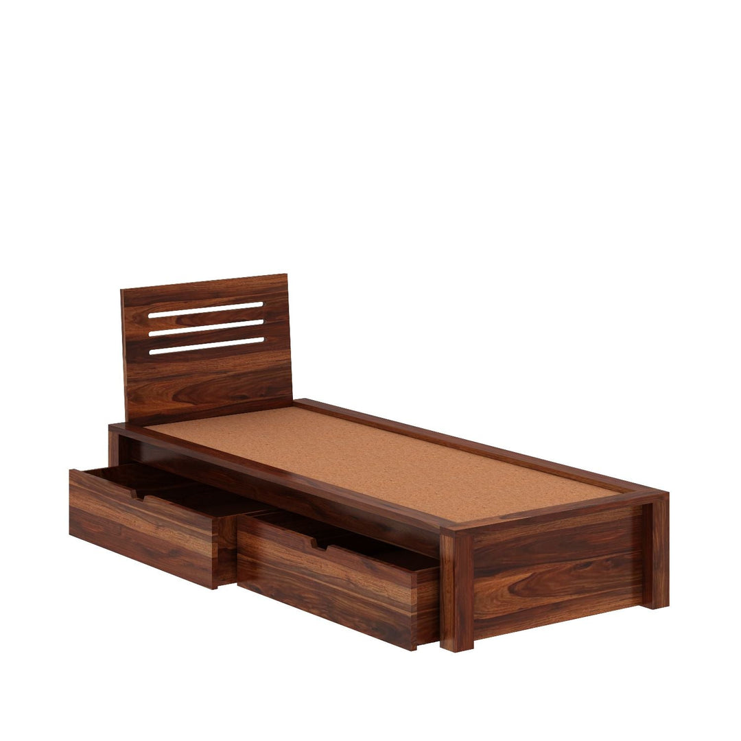 Ariana Solid Sheesham Wood Single Bed With Two Drawers (Natural Finish)
