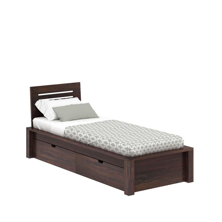 Aurora Solid Sheesham Wood Single Bed With Two Drawers (Walnut Finish)