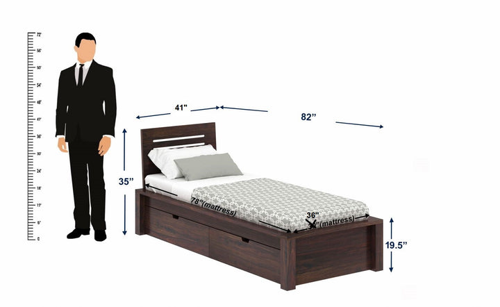 Aurora Solid Sheesham Wood Single Bed With Two Drawers (Walnut Finish)