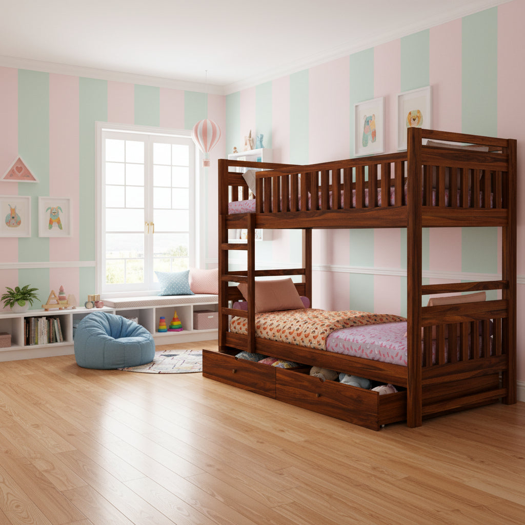 Valeria Solid Sheesham Wood Bunk Bed With Ladder & Two Drawer Storage