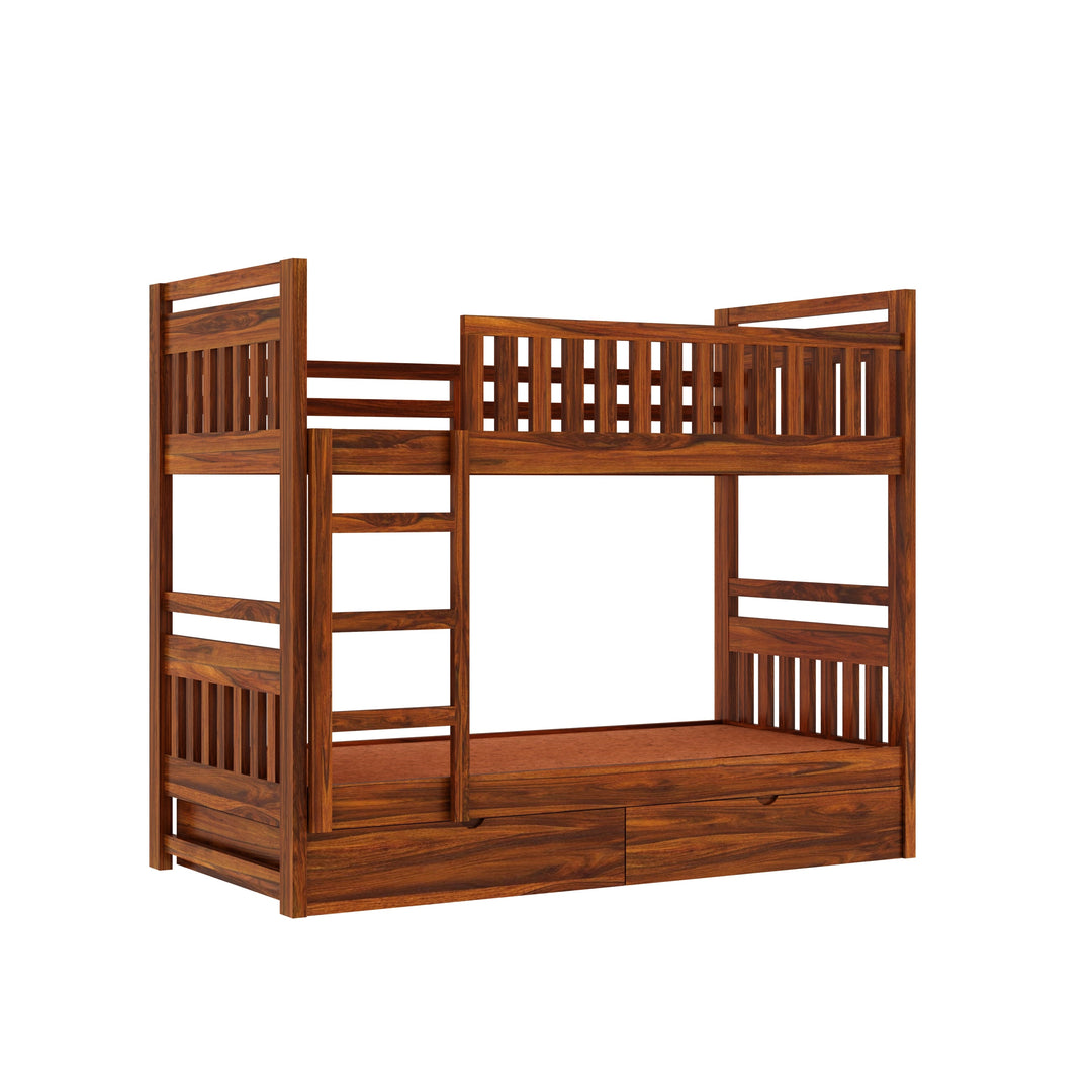Valeria Solid Sheesham Wood Bunk Bed With Ladder & Two Drawer Storage