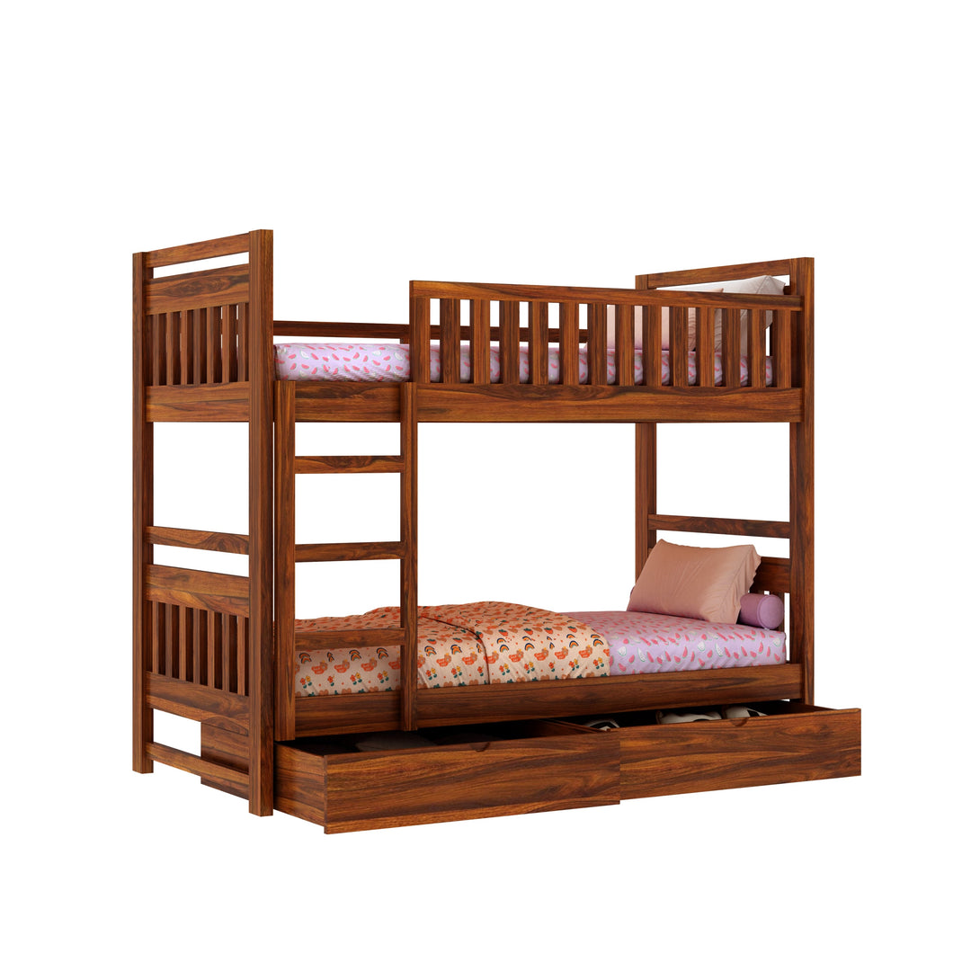 Valeria Solid Sheesham Wood Bunk Bed With Ladder & Two Drawer Storage
