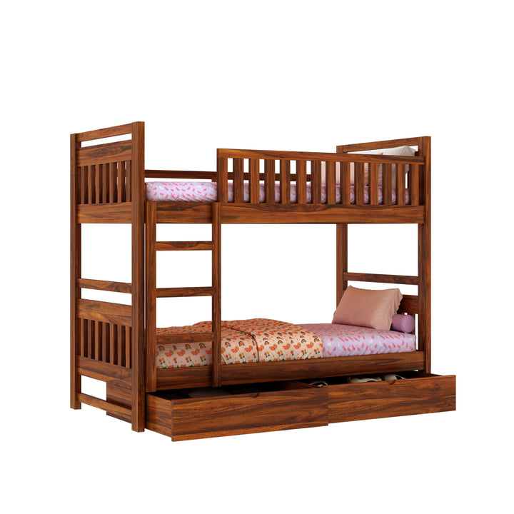 Valeria Solid Sheesham Wood Bunk Bed With Ladder & Two Drawer Storage