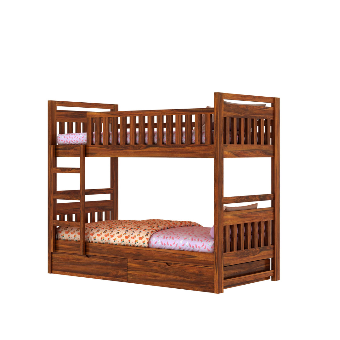 Valeria Solid Sheesham Wood Bunk Bed With Ladder & Two Drawer Storage