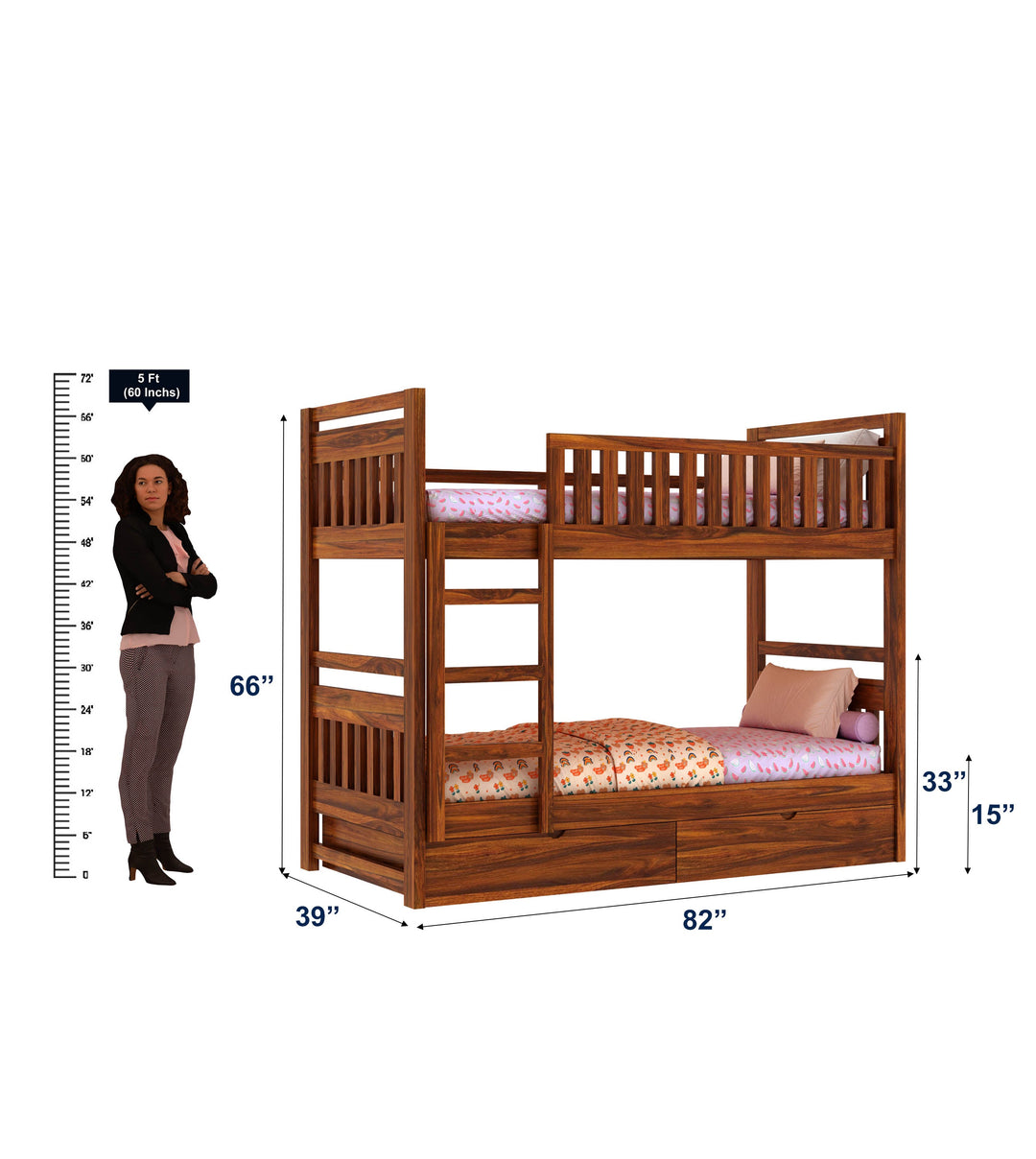 Valeria Solid Sheesham Wood Bunk Bed With Ladder & Two Drawer Storage