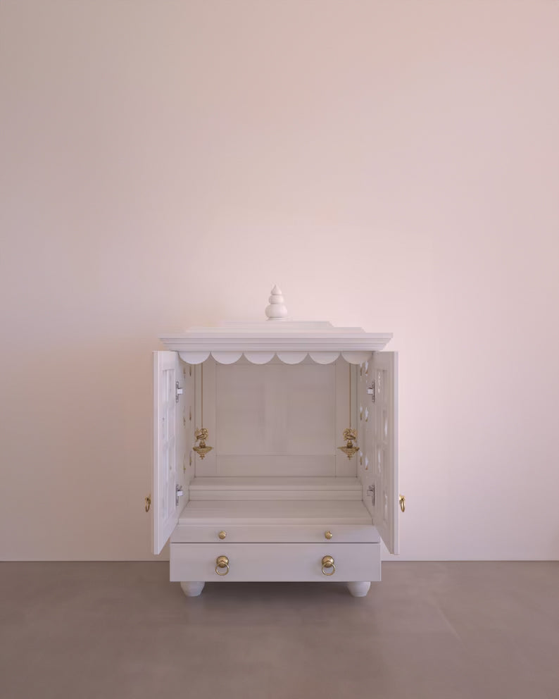Tatiana Compact White Solid Wood Pooja Mandir for Home | Handcrafted Home Temple with Tray