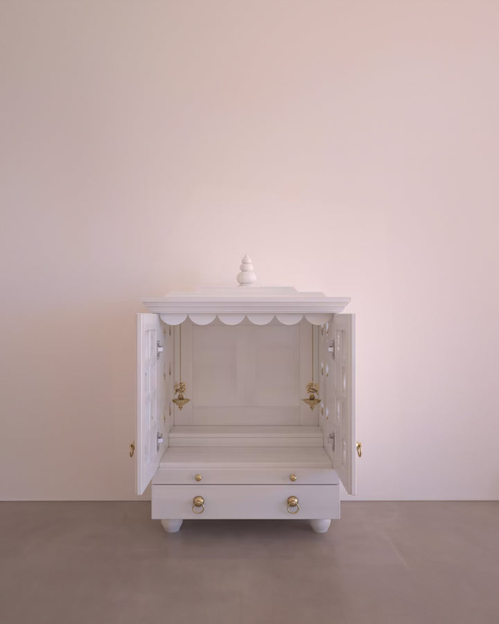 Tatiana Compact White Solid Wood Pooja Mandir for Home | Handcrafted Home Temple with Tray