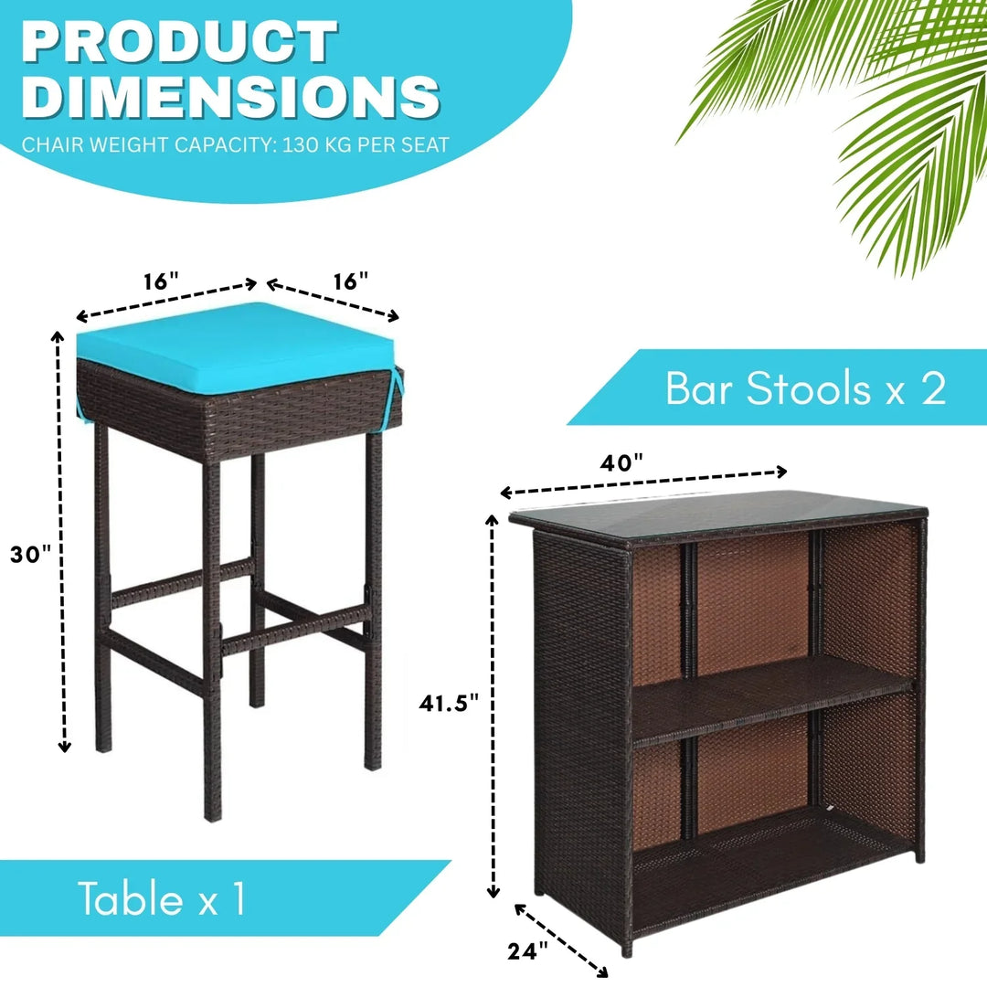 Outdoor Wicker Bar Set with Glass Top, 2 Cushioned Stools