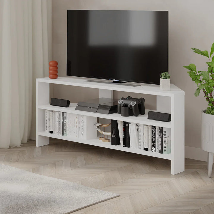OmkarWood Vertex White Corner TV Stand – Premium Engineered Wood Unit for TVs up to 49"